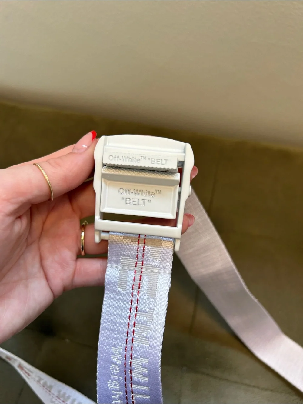 Off-White White Webbing Belt with Red Stitching and Silver Buckle